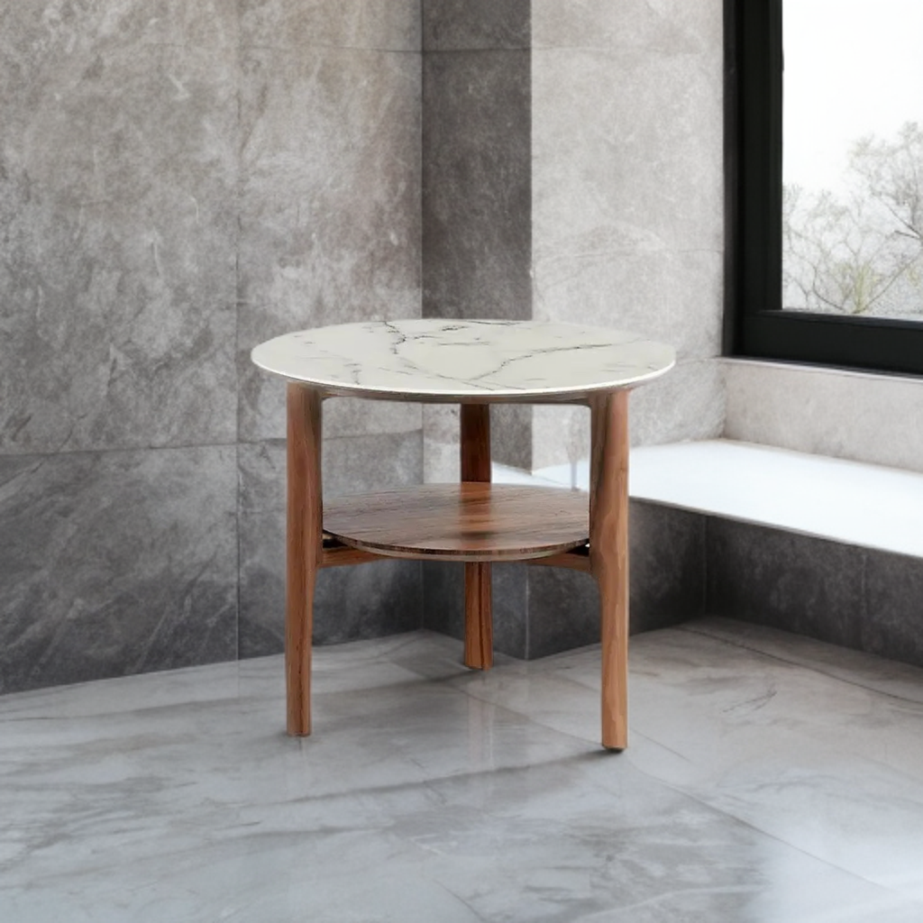 Table d’appoint ronde en verre effet marbre et noyer Angel cerda