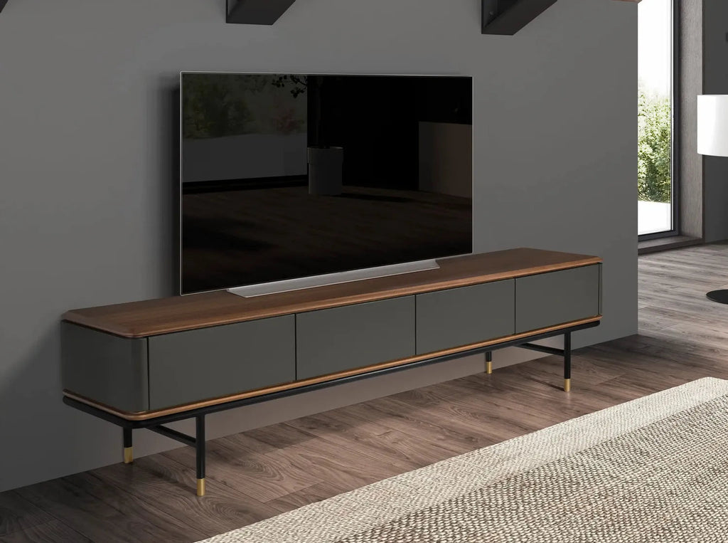 Meuble TV en bois gris foncé mat, acier noir et plateau en noyer Angel cerda