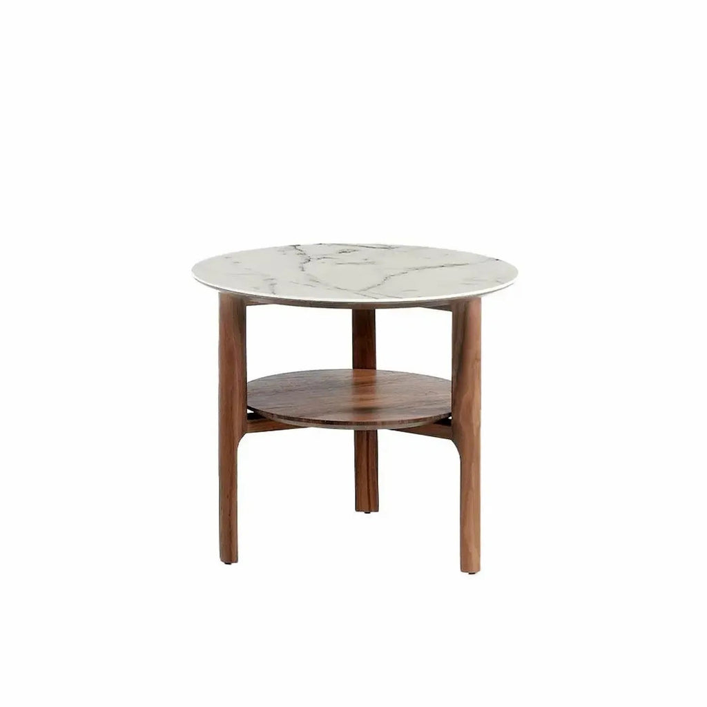 Table d’appoint ronde en verre effet marbre et noyer Angel cerda