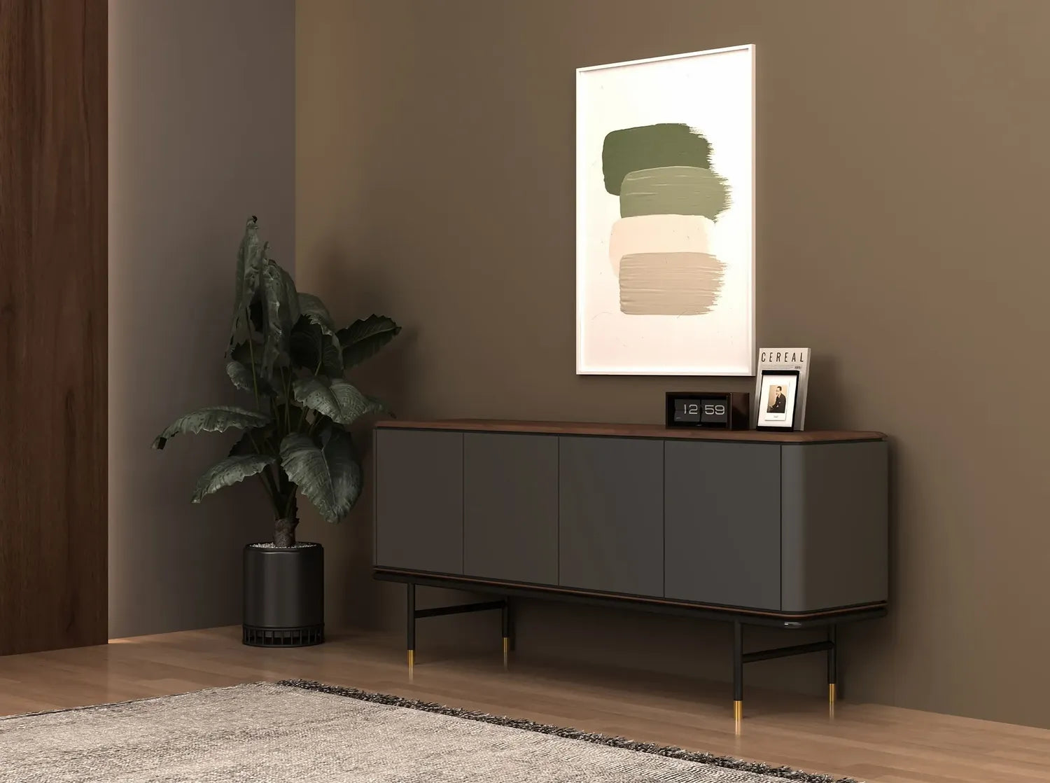 Buffet en bois gris foncé, acier noir et plateau en noyer Angel cerda