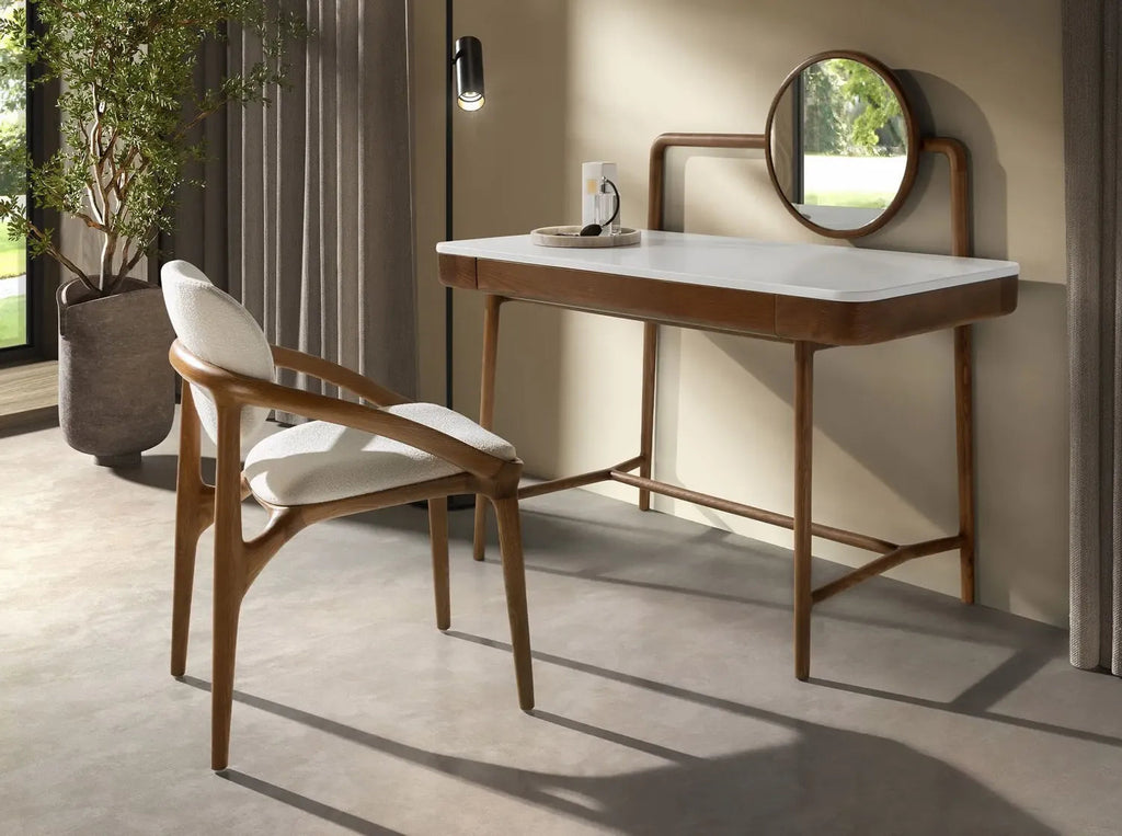 Bureau coiffeuse en noyer avec plateau en bois blanc et miroir Angel cerda