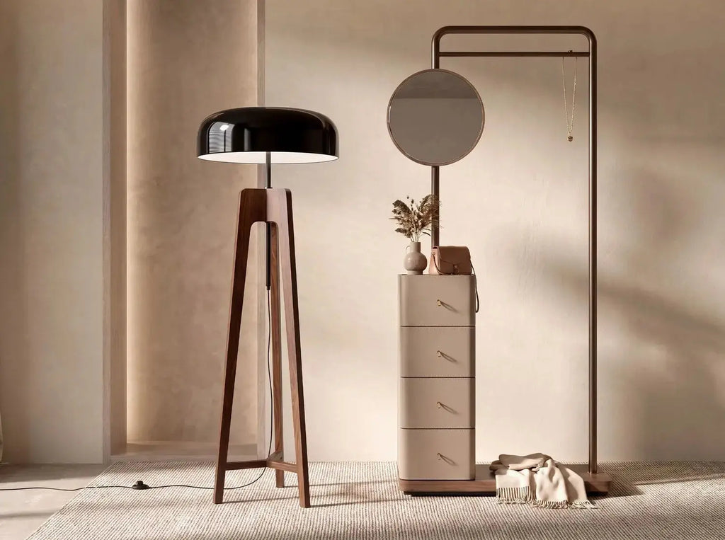 Lampadaire en aluminium noir et blanc et bois de pin couleur noyer fait mains DecoNovis