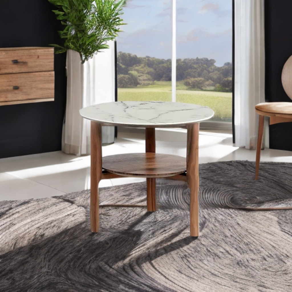 Table d’appoint ronde en verre effet marbre et noyer Angel cerda