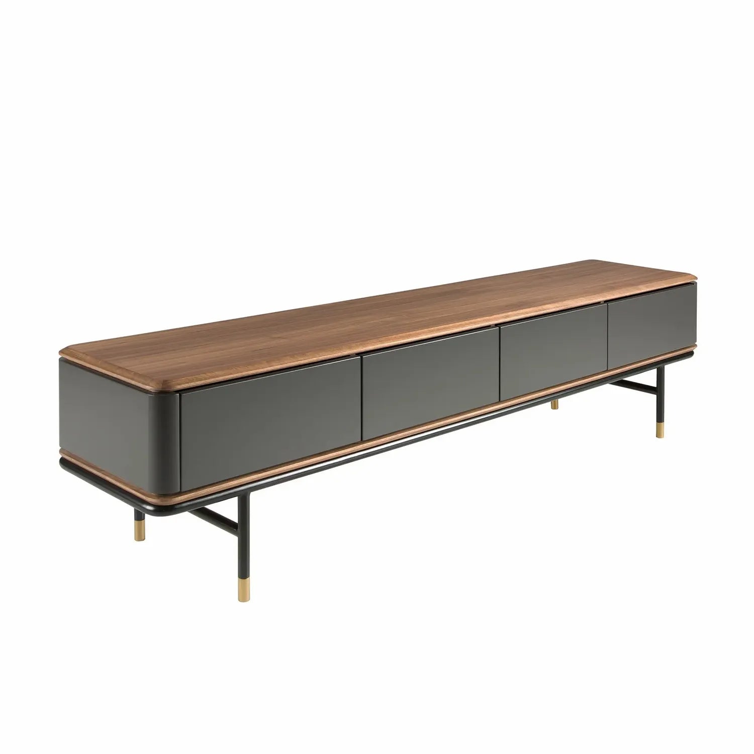 Meuble TV en bois gris foncé mat, acier noir et plateau en noyer Angel cerda