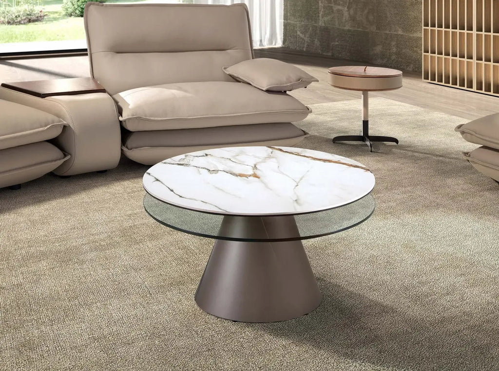 Table basse extensible ronde en verre trempé, marbre céramique et acier gris argenté Angel cerda
