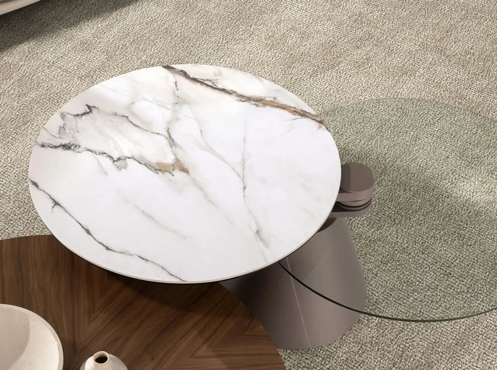 Table basse extensible ronde en verre trempé, marbre céramique et acier gris argenté Angel cerda