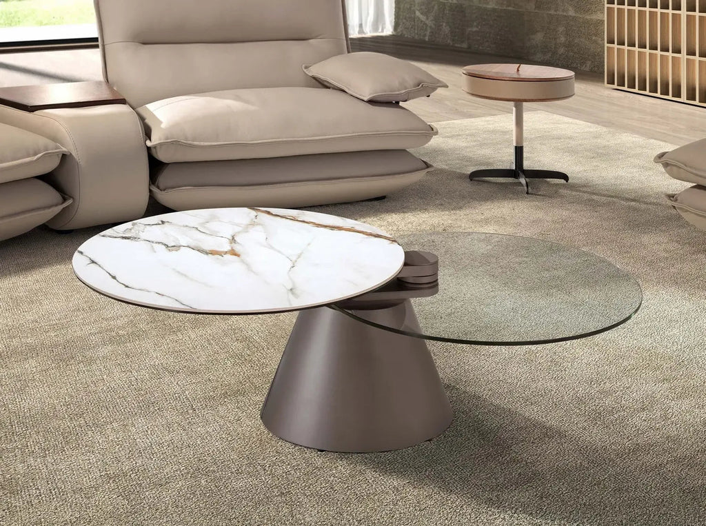 Table basse extensible ronde en verre trempé, marbre céramique et acier gris argenté Angel cerda