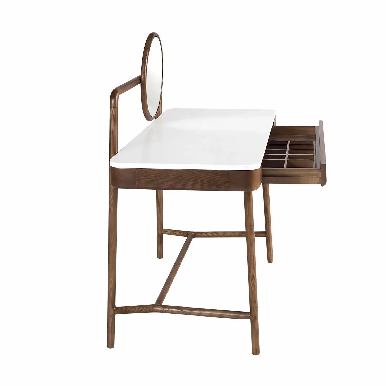 Bureau coiffeuse en noyer avec plateau en bois blanc et miroir Angel cerda