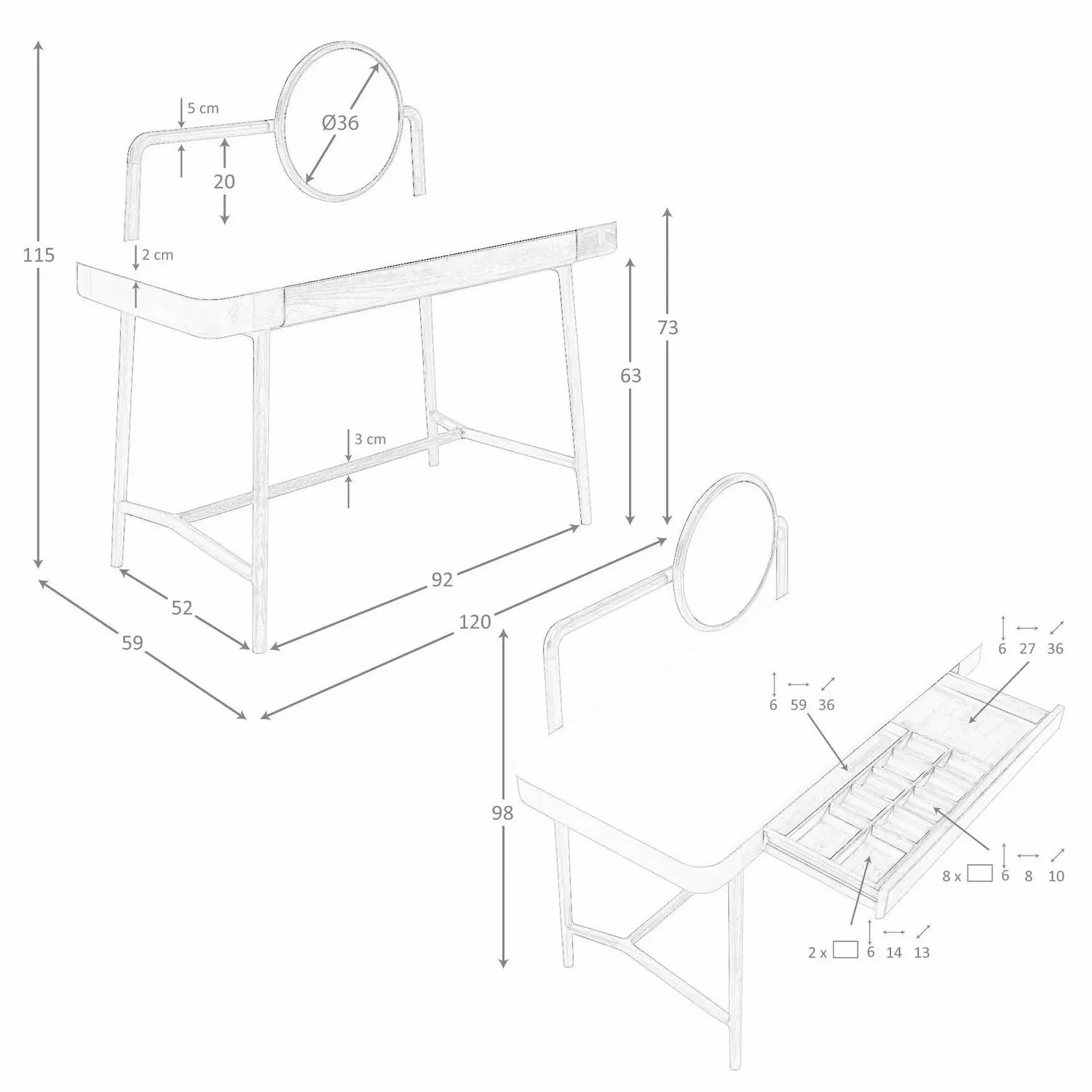 Bureau coiffeuse en noyer avec plateau en bois blanc et miroir Angel cerda