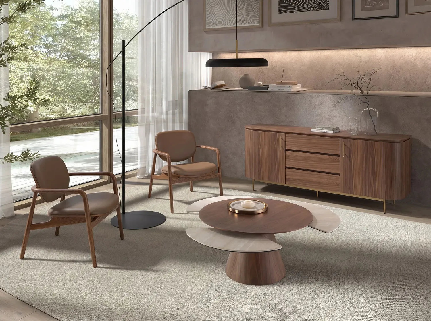 Fauteuil en similicuir taupe et noyer Angel cerda