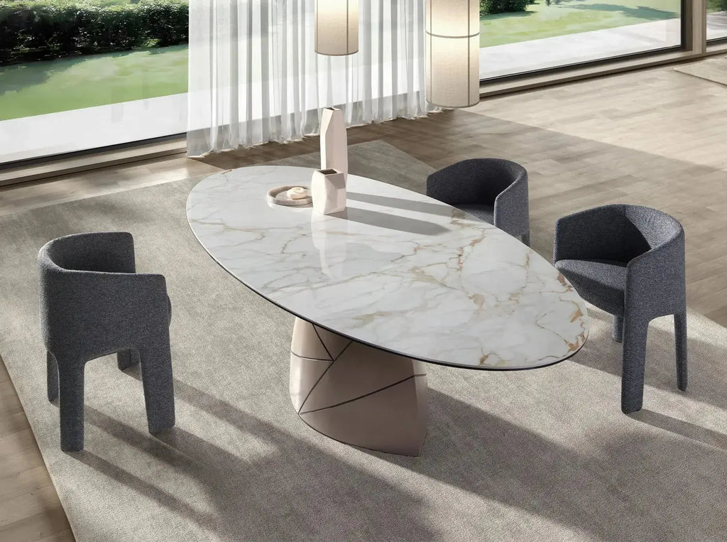 Table de salle à manger ovale en marbre céramique et acier taupe métallisé DecoNovis