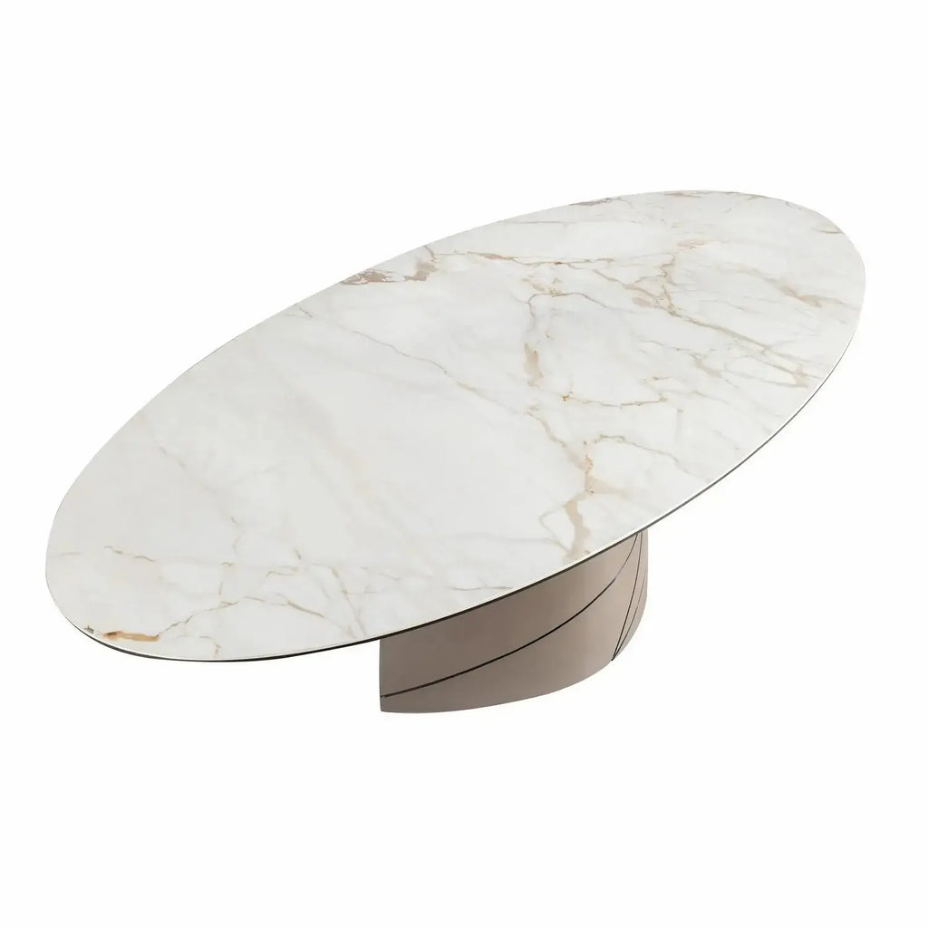 Table de salle à manger ovale en marbre céramique et acier taupe métallisé DecoNovis