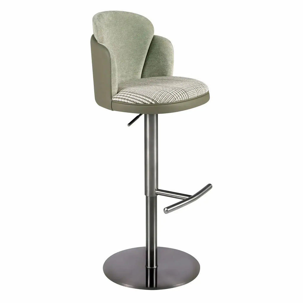 Tabouret pivotant en tissu vert foncé et blanc et similicuir vert oliv DecoNovis