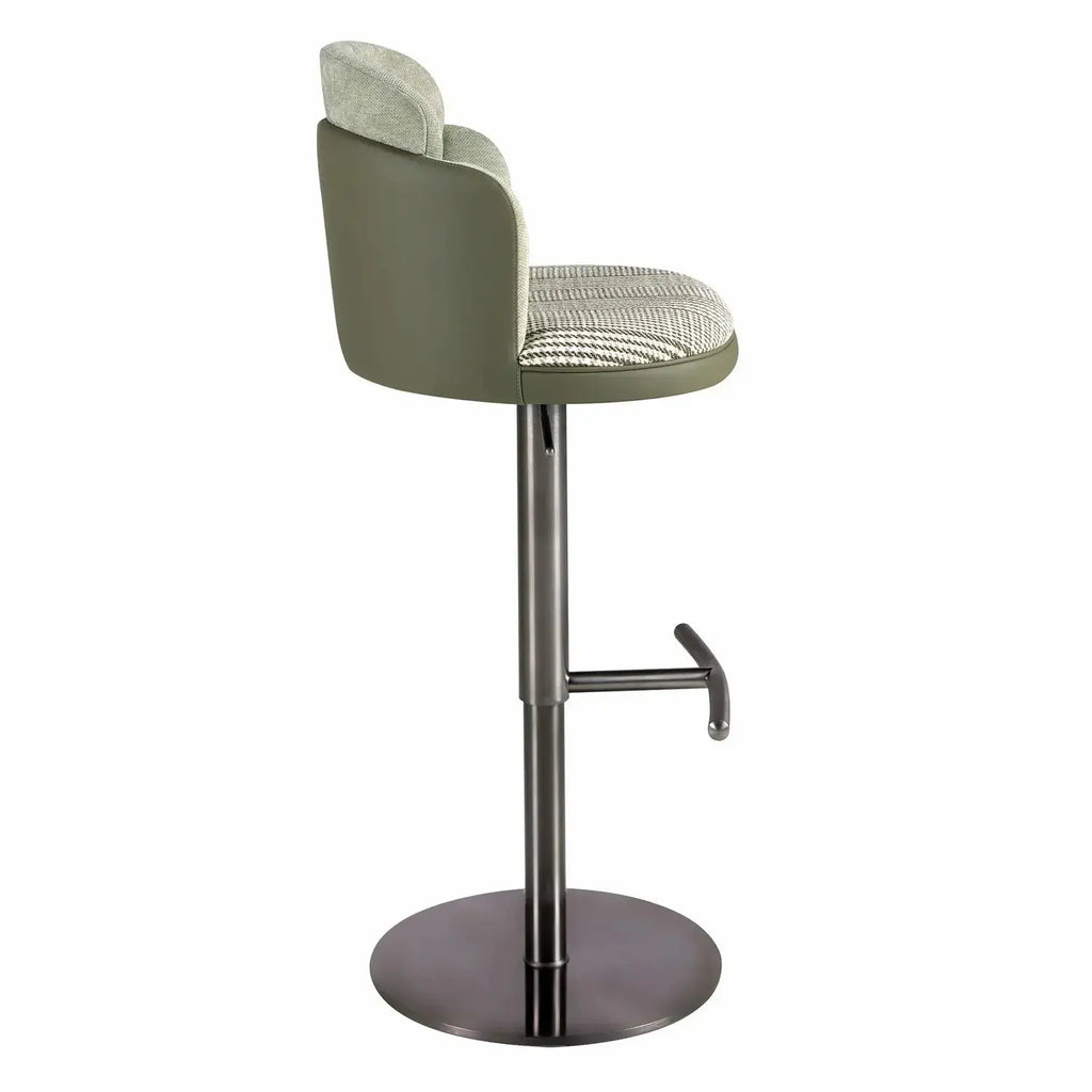 Tabouret pivotant en tissu vert foncé et blanc et similicuir vert oliv DecoNovis