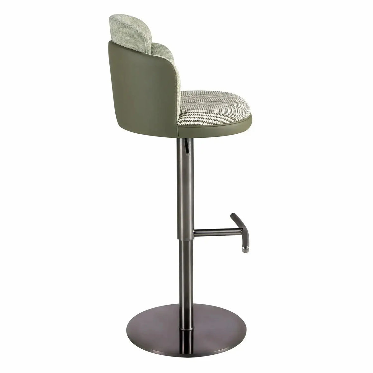 Tabouret pivotant en tissu vert foncé et blanc et similicuir vert oliv DecoNovis