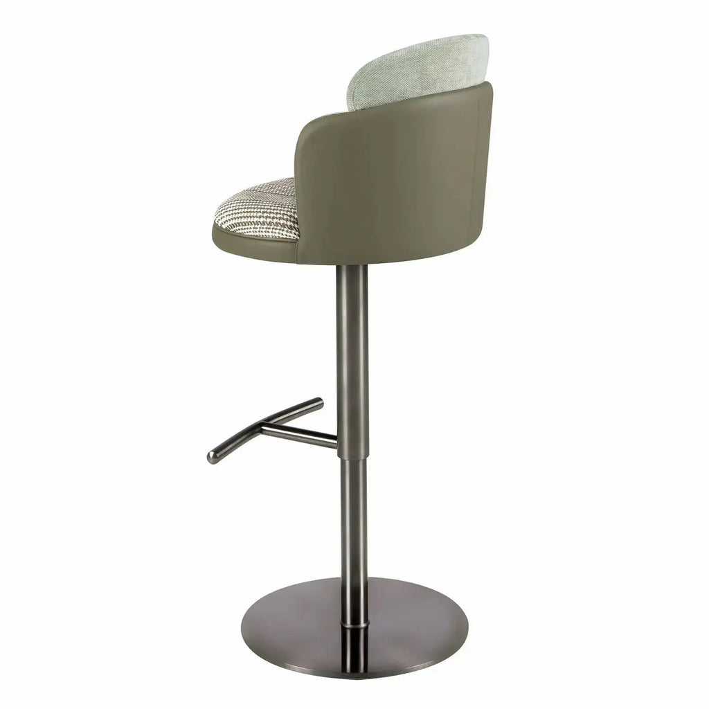 Tabouret pivotant en tissu vert foncé et blanc et similicuir vert oliv DecoNovis
