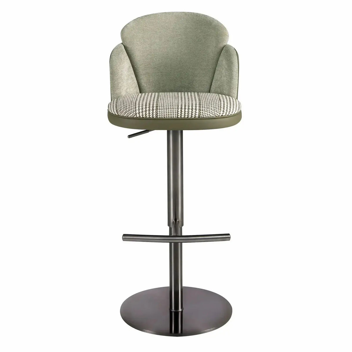 Tabouret pivotant en tissu vert foncé et blanc et similicuir vert oliv DecoNovis