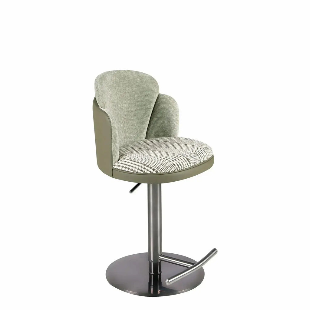 Tabouret pivotant en tissu vert foncé et blanc et similicuir vert oliv DecoNovis
