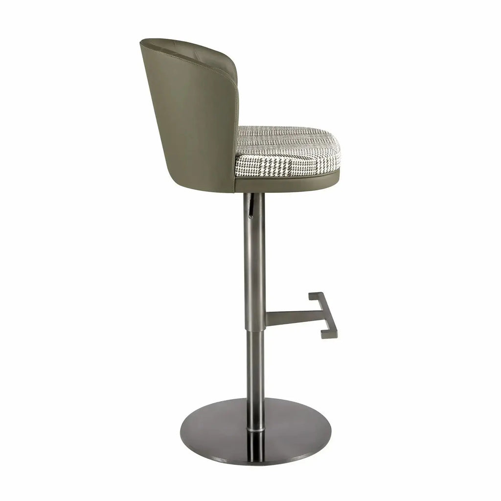 Tabouret pivotant en tissu vert foncé et blanc et similicuir vert oliv DecoNovis